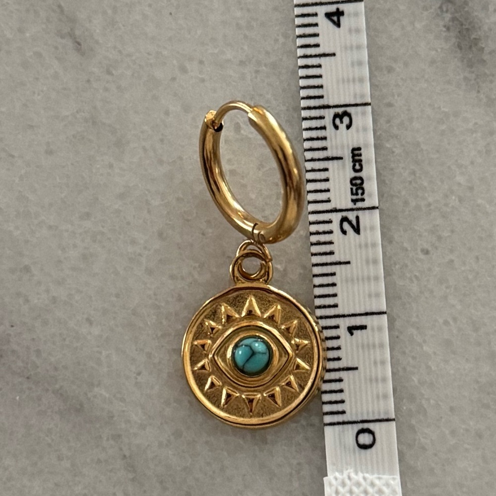 Gold Medallion Coin Evil Eye Pendant Turquoise Huggie Hoop Earrings Brand New - Picture 3 of 4
